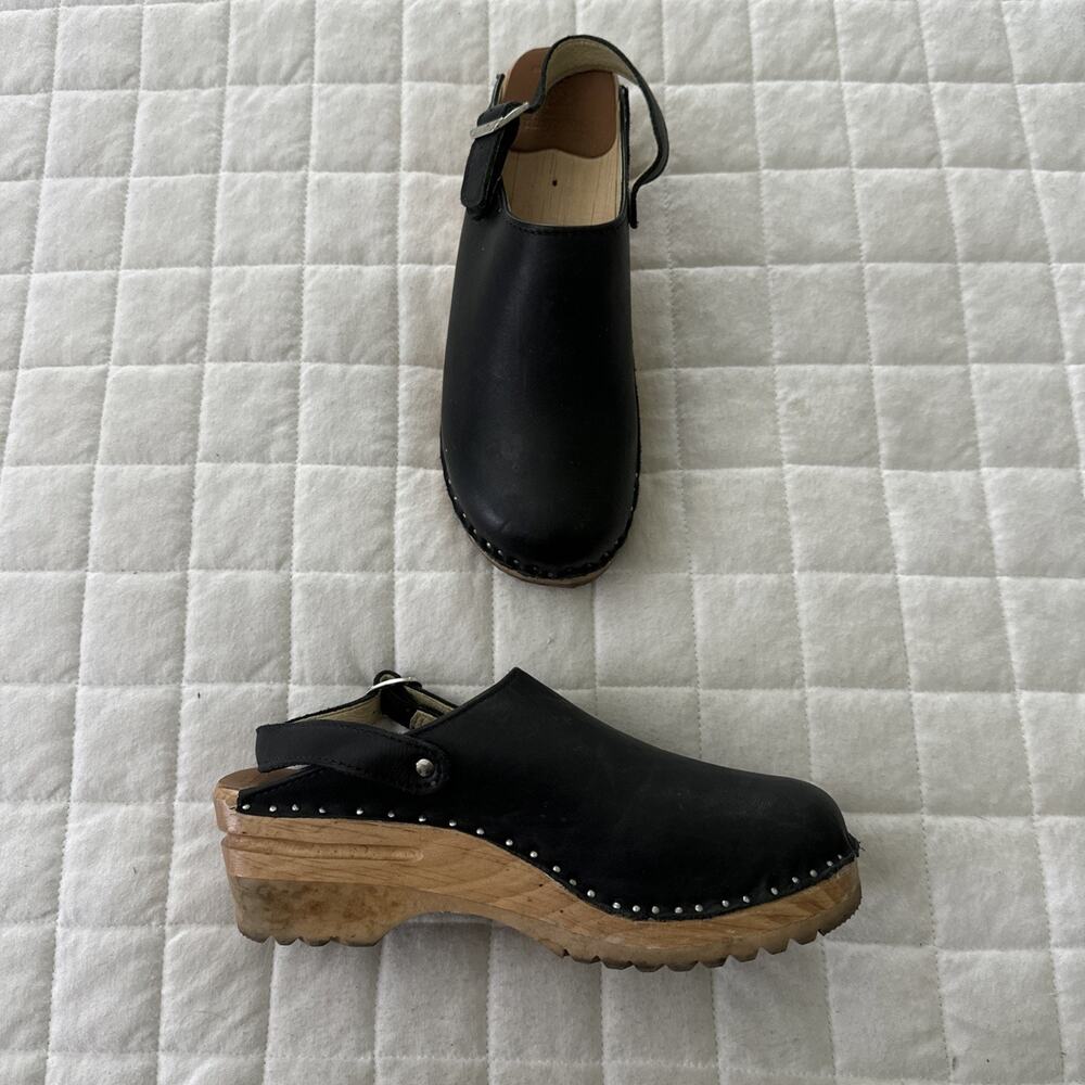 Troentorp Shoes Womens 38 US 8-8.5 Black Leather Slingback Wooden Clogs Sweden